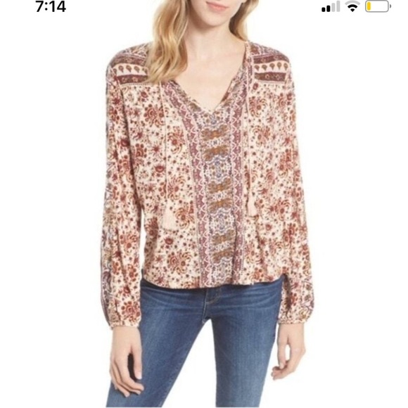 Lucky Brand pop over blouse boho floral peasant linen blend Medium - Picture 3 of 10